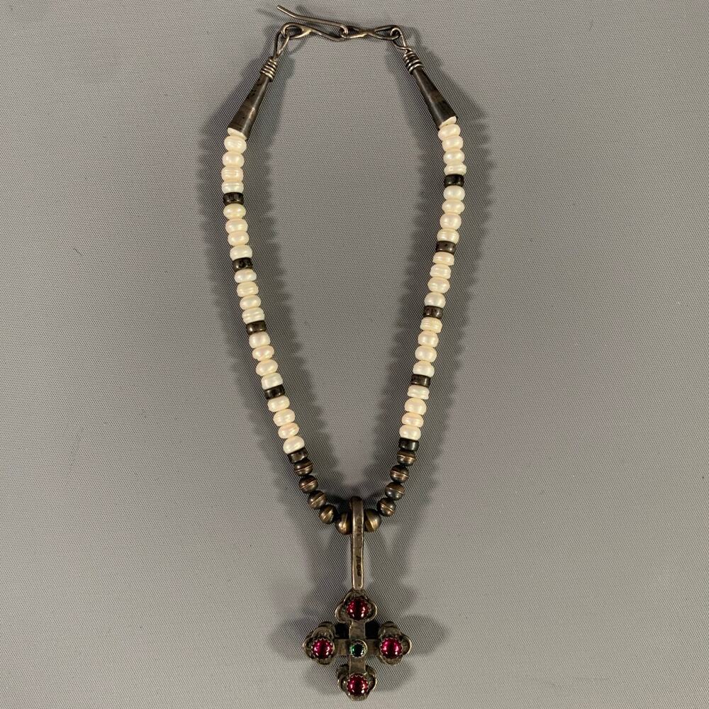 Cream Silver Stone Cross Pendant Necklace One Size